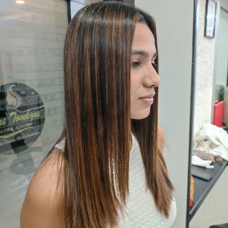 Sleek Caramel Highlights on Straight Hair